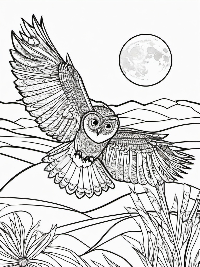 Owl Coloring Pages - Owl flying at night  simple coloring pages