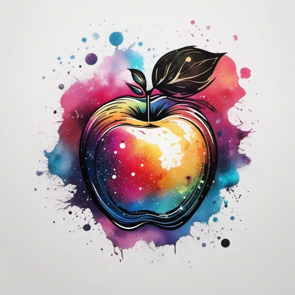 Apple with cosmic elements. Celestial fruit ink.  color tattoo minimalist white background