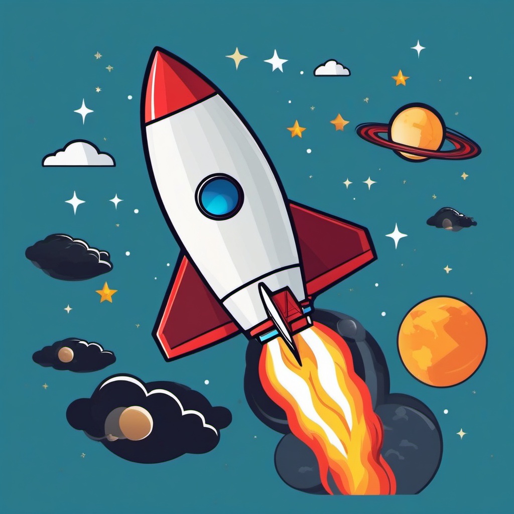 Rocket Launch Sticker - Rocket taking off into space, ,vector color sticker art,minimal