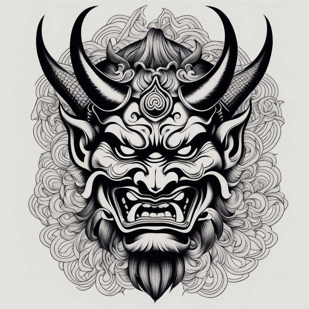 oni mask tattoo representing japanese folklore and the spirit of demons. 