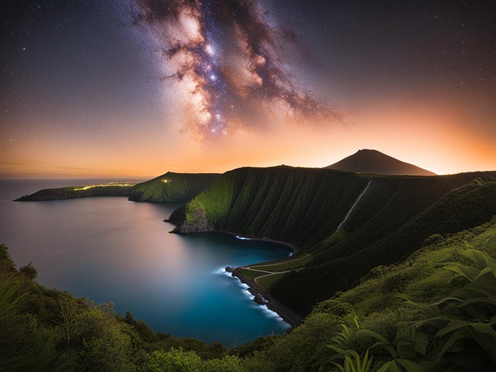 the azores, portugal - illustrate the volcanic landscapes and lush greenery of the azores archipelago under the milky way. 