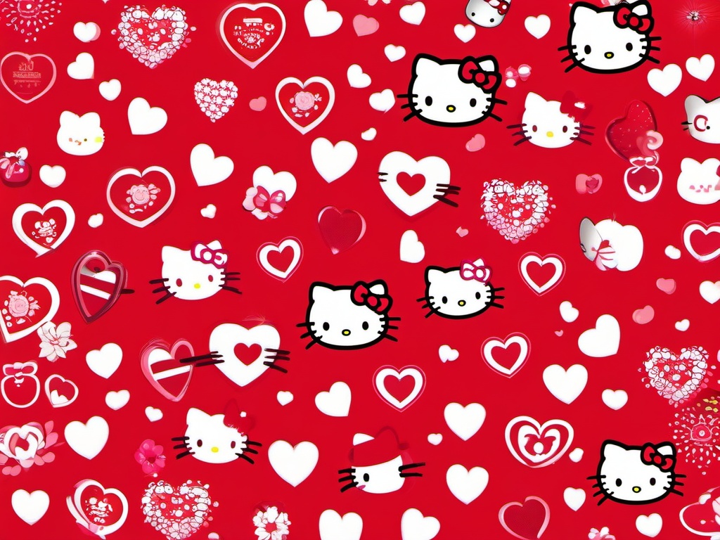 Hello Kitty Red Wallpaper-Vibrant red background with Hello Kitty icons and small white hearts throughout  background wallpaper