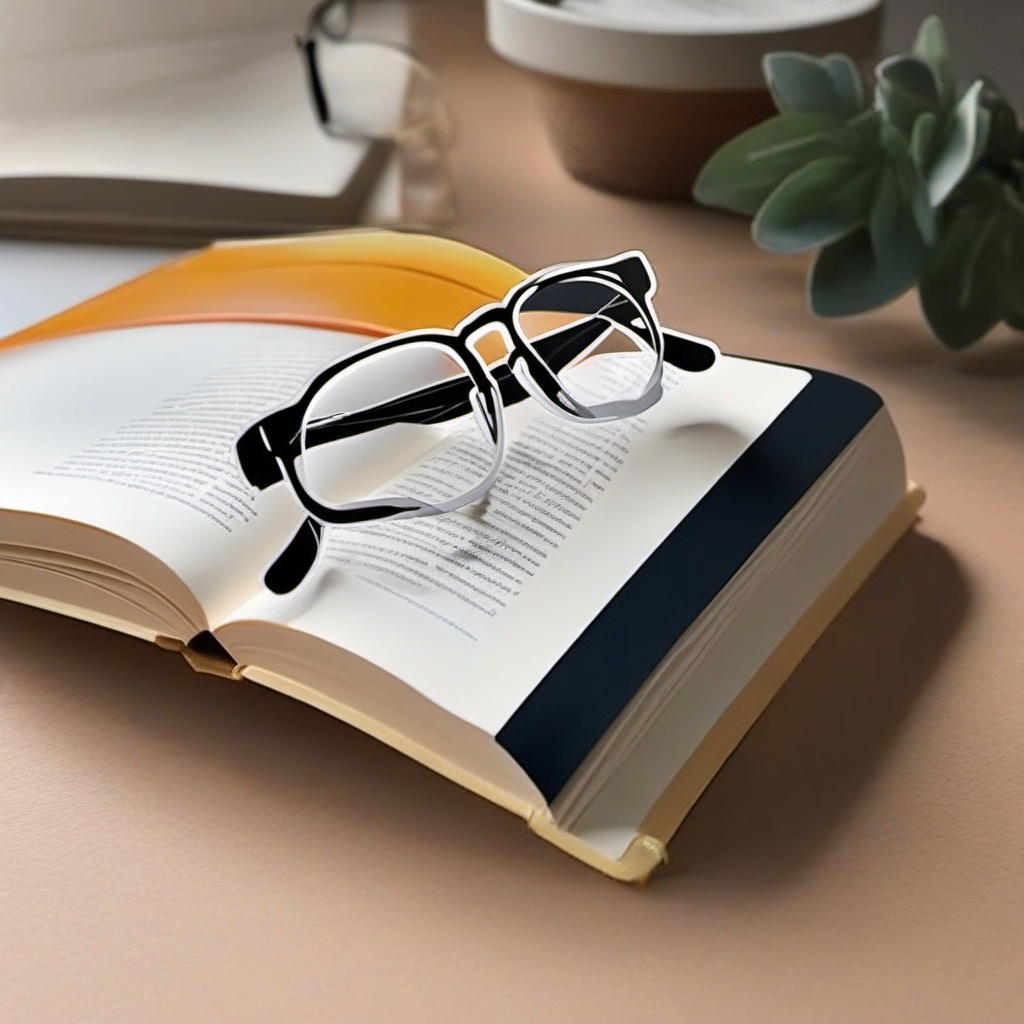 Book and Glasses Sticker - Reading glasses on an open book, ,vector color sticker art,minimal