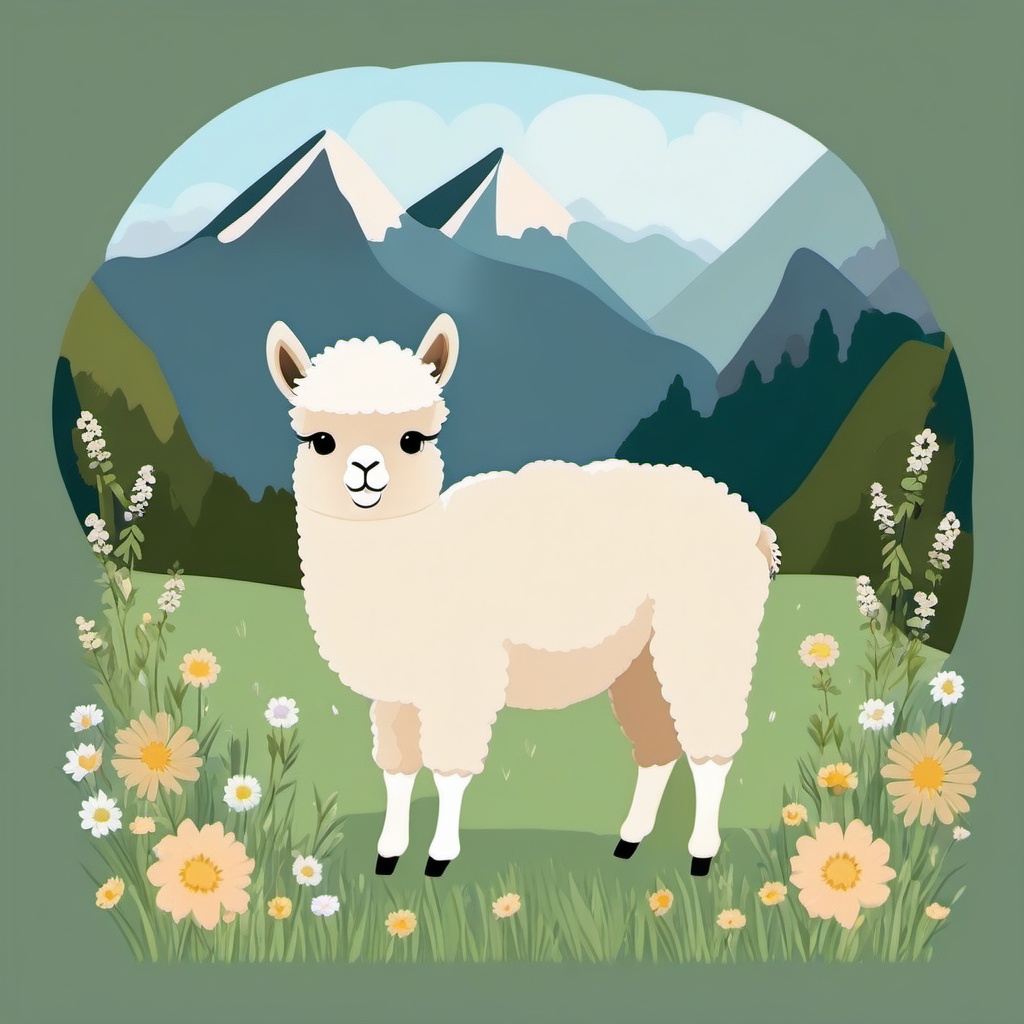 Cute Alpaca in a Mountain Meadow  clipart, simple