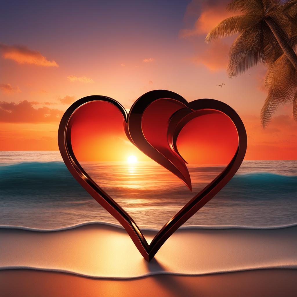 love clipart - two hearts locked in a passionate embrace, set against a sunset on a tranquil beach 