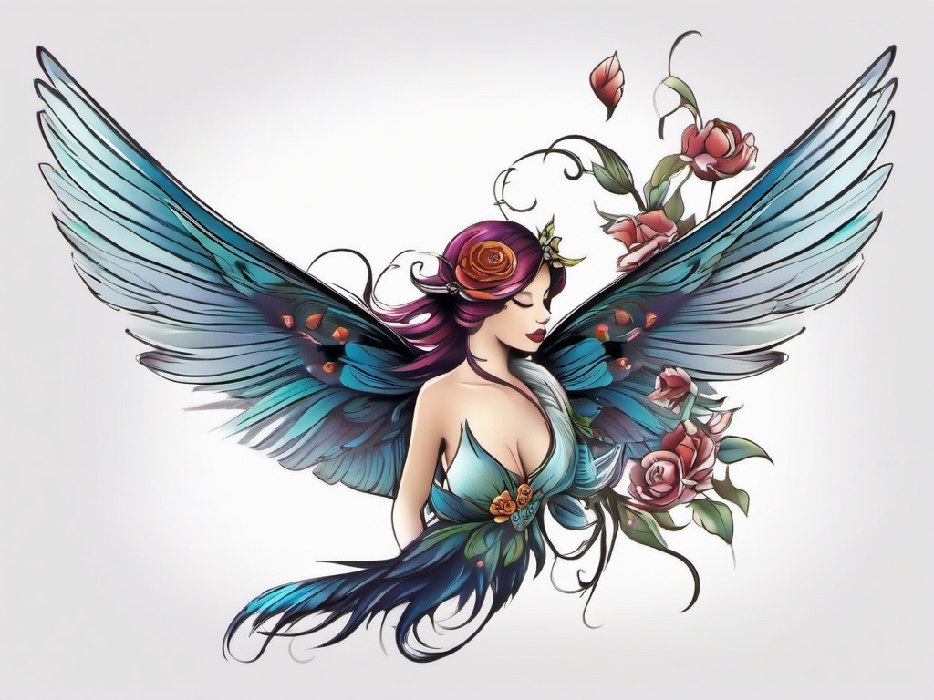 Fairy Tattoo: Songbird Serenade Fae  simple color tattoo style,white background