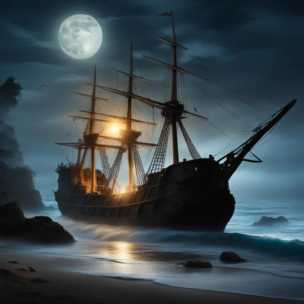 haunted shipwreck - create an eerie scene of a haunted shipwreck on a moonlit shore. 