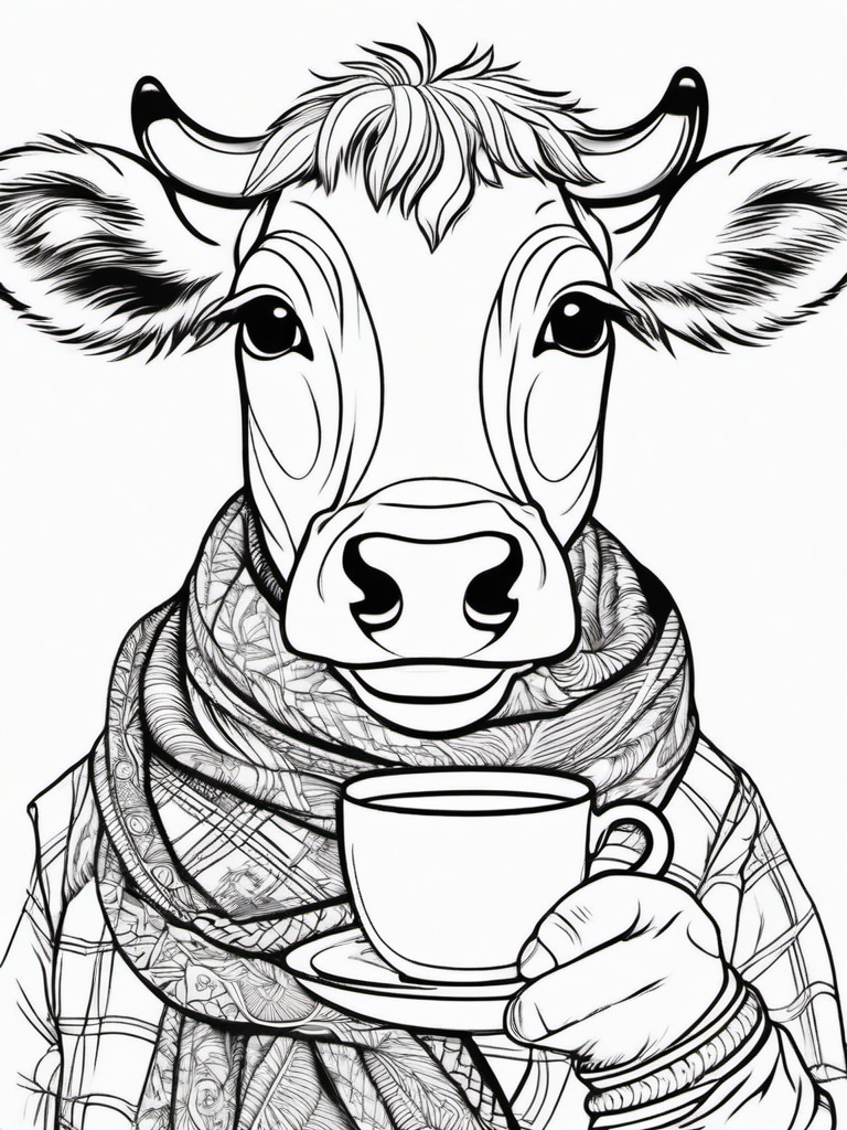 Cow Coloring Pages - Cow wearing a scarf and sipping hot chocolate  simple coloring pages