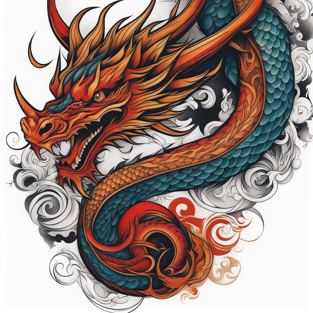 Tattoo dragon leg, Tattoos featuring dragon imagery on the legs.  color, tattoo style pattern, clean white background