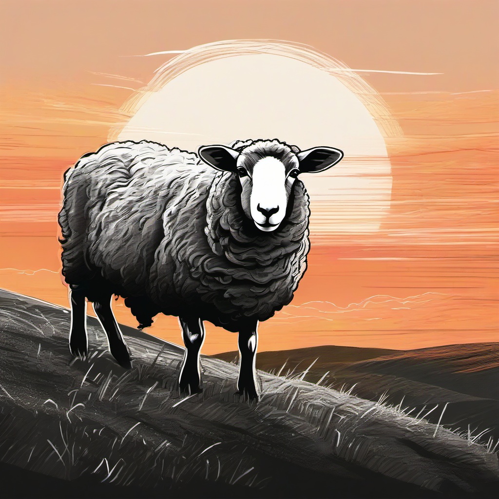 drawing of a sheep in a sunset  minimal rough sketch scribbles,doodles,black and white