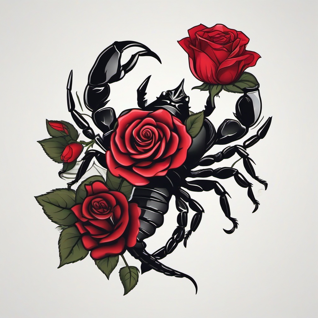 Scorpion and Rose Tattoo - Infuse romance and strength with a tattoo featuring both a scorpion and a rose.  simple vector color tattoo,minimal,white background