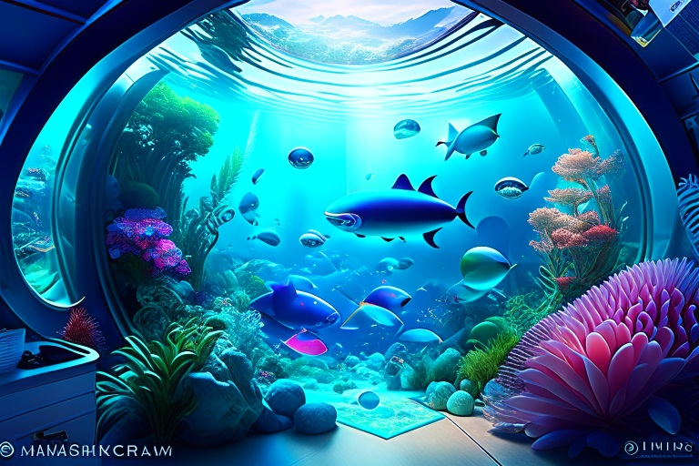 underwater wonderland office with mesmerizing underwater views and marine life. 