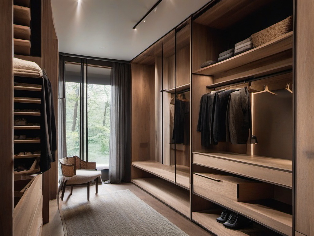 In the walk-in closet, Wabi Sabi interior design includes simple cabinetry, natural materials, and a cozy atmosphere that creates a stylish and efficient dressing area.  