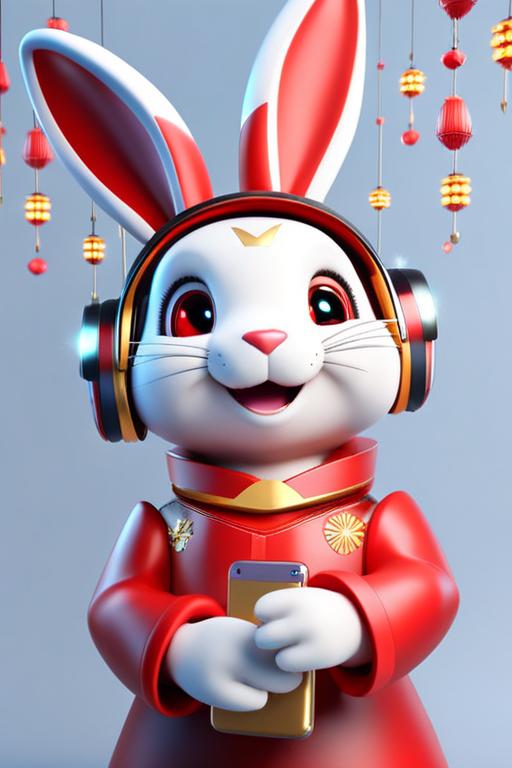 Smiling, happy, cute rabbit bunny robot working on a smartphone, long ears, lunar new year parade, celebration vibe, red main color, congratulation, gongxi facai, fireworks, 3d render, unreal engine 5