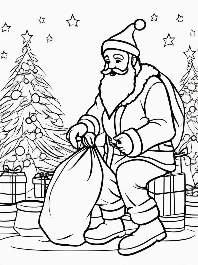 Santa with a Magic Bag Coloring Pages - Pulling Gifts from His Magical Sack  minimal black outline printable sheet, coloring page