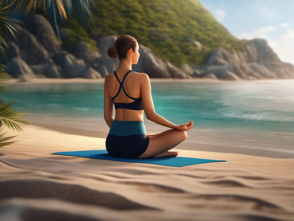 Beachside yoga and meditation close shot perspective view, photo realistic background, hyper detail, high resolution