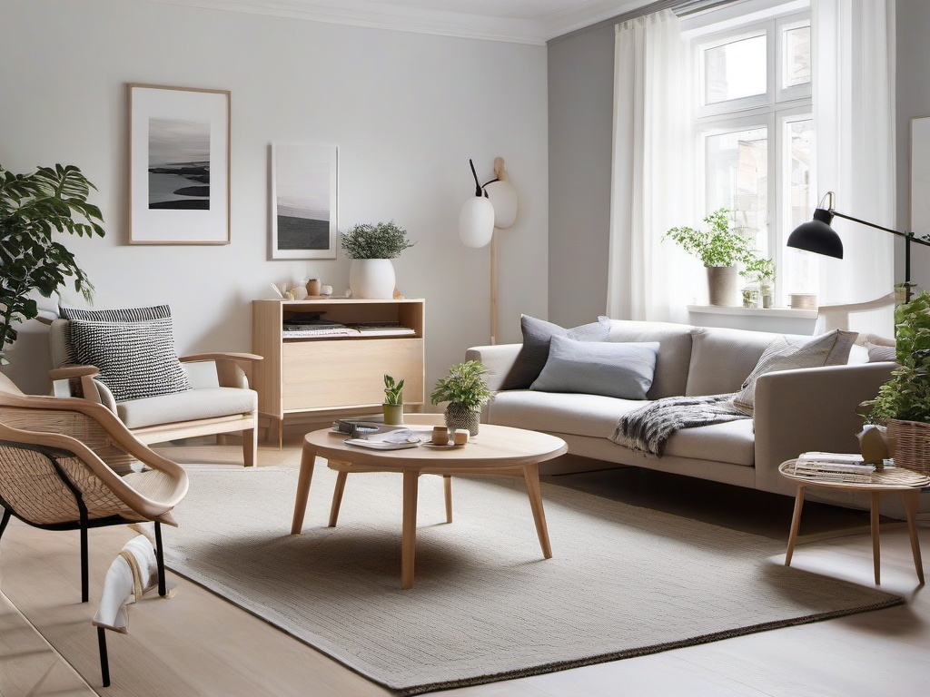 Scandinavian living room combines light wood furniture, cozy textiles, and a functional layout, providing a warm and inviting space for relaxation.  