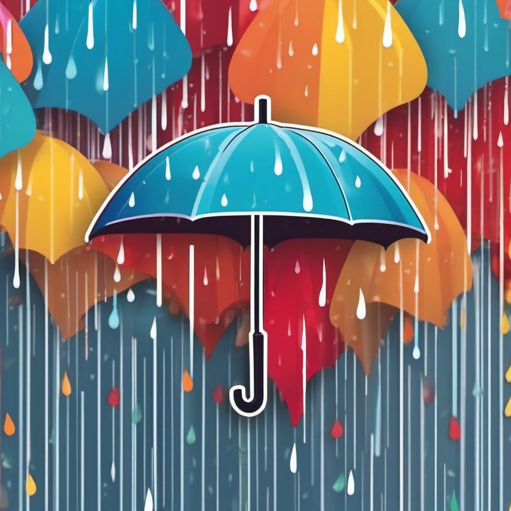 Umbrella in Rain Sticker - Umbrella open in the rain, ,vector color sticker art,minimal