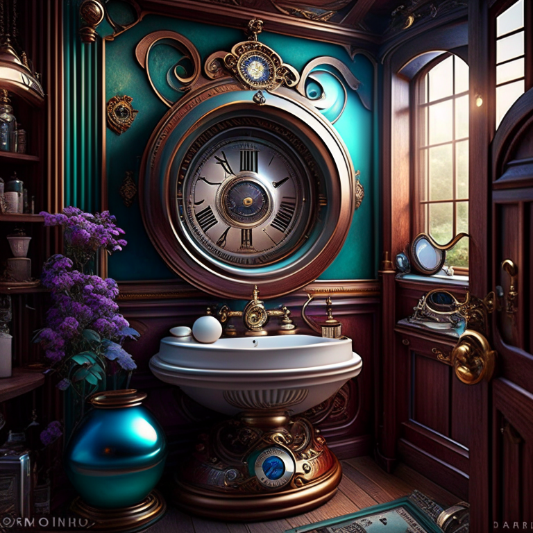 time traveler's bathroom with antique timepieces and a swirling time vortex sink. 