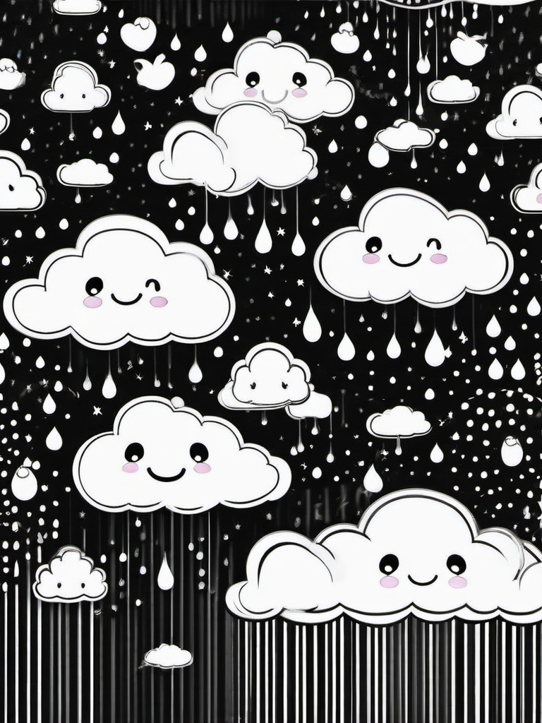 Kawaii Cloud Coloring Pages - Happy Clouds with Raindrops and Smiles  minimal black outline printable sheet, coloring page