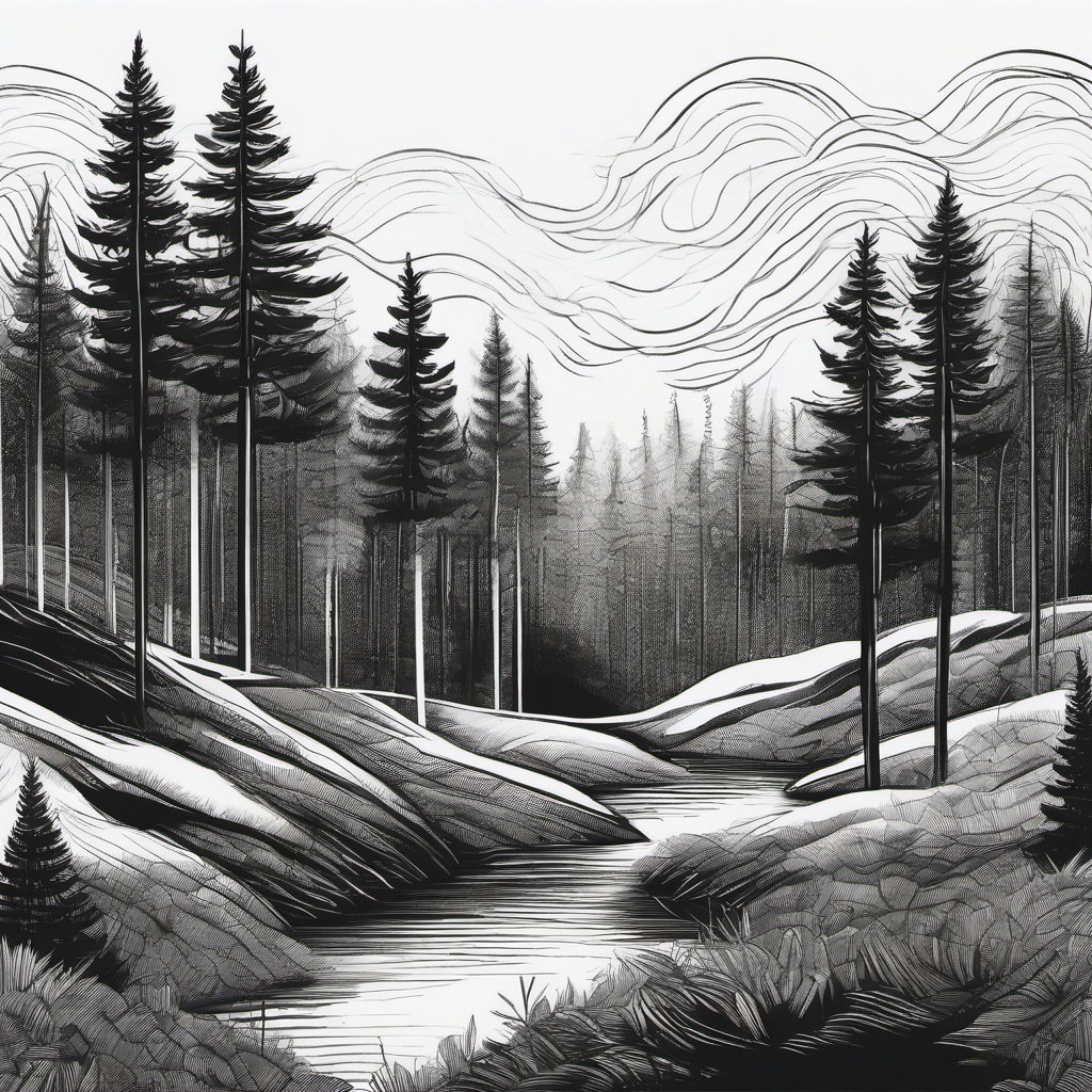 drawing of forest easy  minimal rough scribbles,doodles,black and white