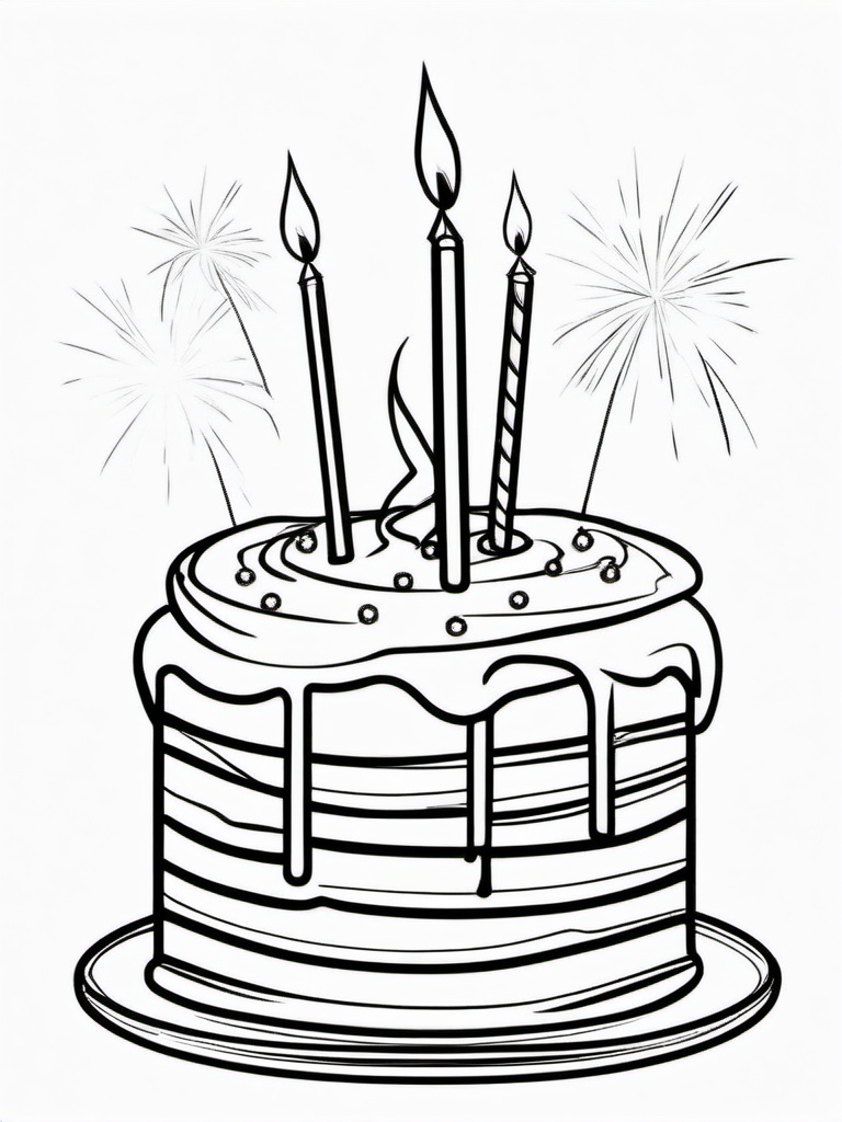 Birthday Cake with Sparklers Coloring Pages - Sparklers Glowing on Top of the Cake  minimal black outline printable sheet, coloring page