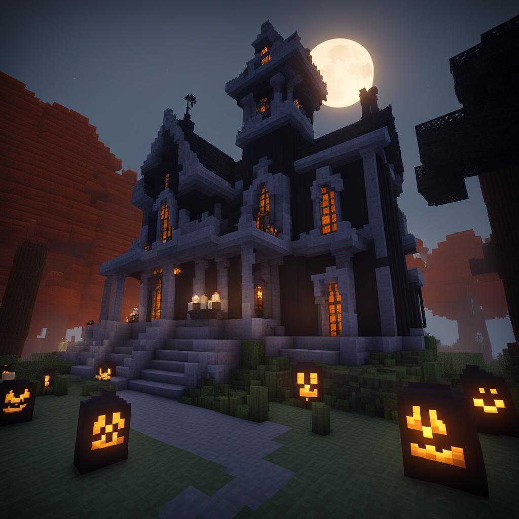 haunted mansion with a spooky graveyard - minecraft house design ideas 