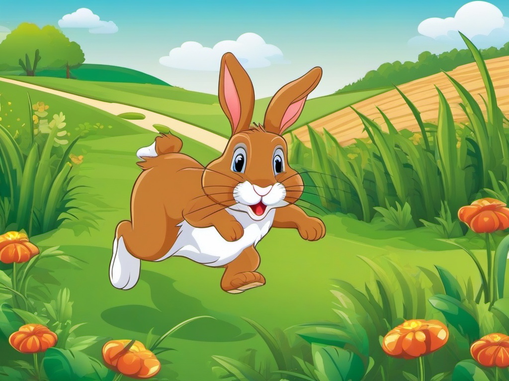 Rabbit Cartoon - Cartoon of rabbit hopping in a field  