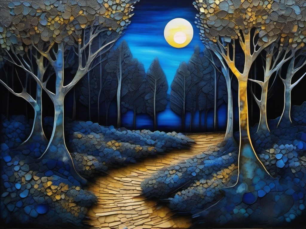 Full moon behind arabesque forest trees, a narrow pathway glowing with moonlight :: alcohol ink, heavy impasto :: hues of rich blue, gray, and pale yellow :: splash ink, drips, zentangle. Detailed, complex, chaotic arabesque forest trees, watercolour. Stylized art, Intricate, Complex contrast, HDR, sunrise cubist colours, by Emek Golan.
