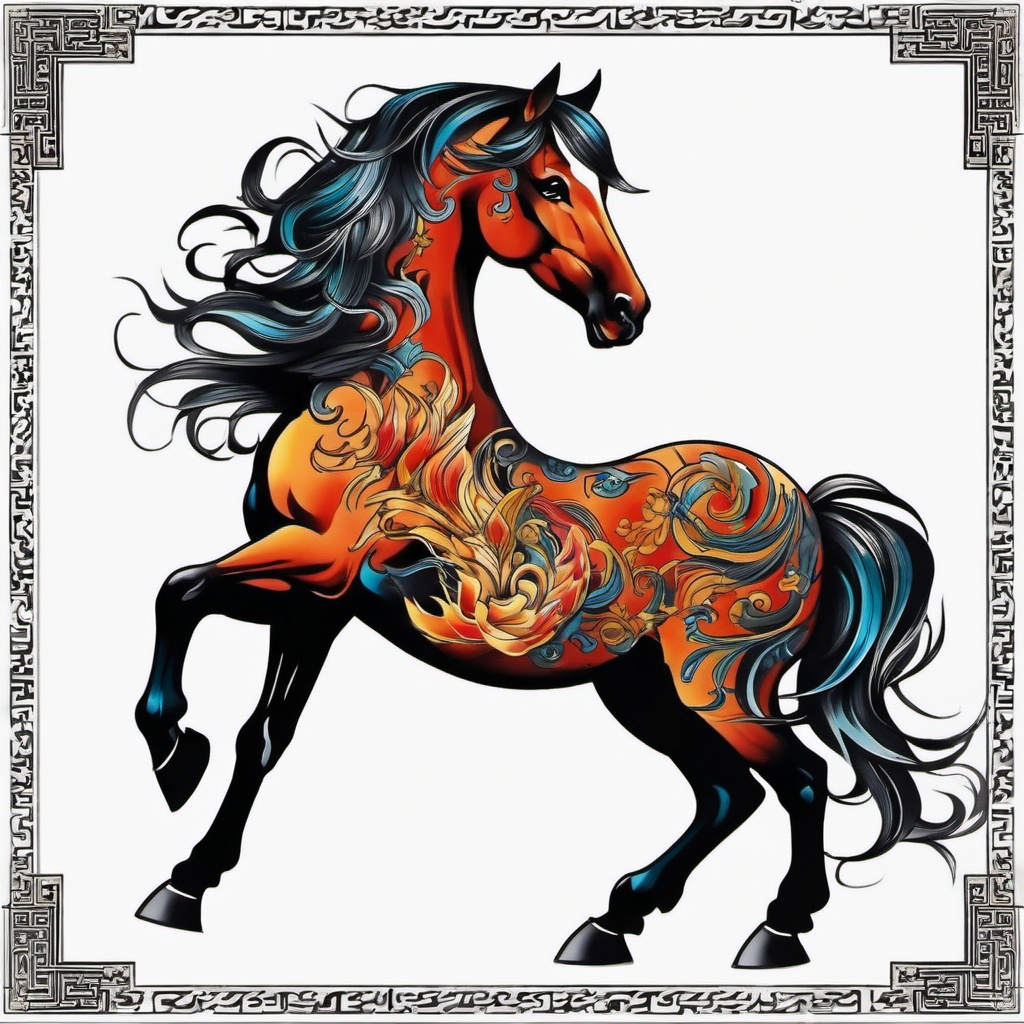 chinese fire horse tattoo  simple color tattoo,white background