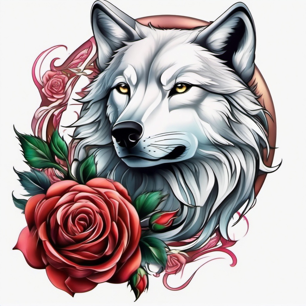 Rose and Wolf Tattoo,harmonious blend of a rose and a wolf, synthesis of beauty and strength. , color tattoo design, white clean background