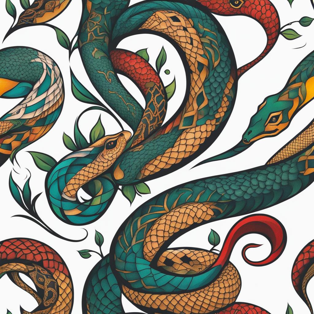 Snake symbol tattoo, Tattoos featuring snakes as powerful symbols of various concepts. colors, tattoo patterns, clean white background