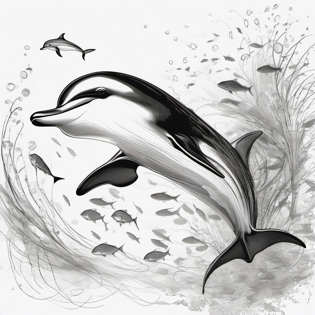 drawing of a dolphin swimming with fish  minimal rough sketch scribbles,doodles,black and white