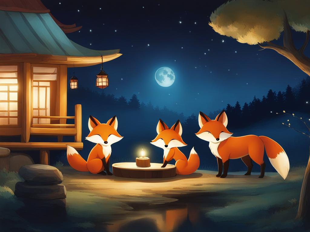 zao fox village - illustrate the enchanting night at zao fox village, where curious foxes roam freely under the moonlight, creating a unique and heartwarming experience. 