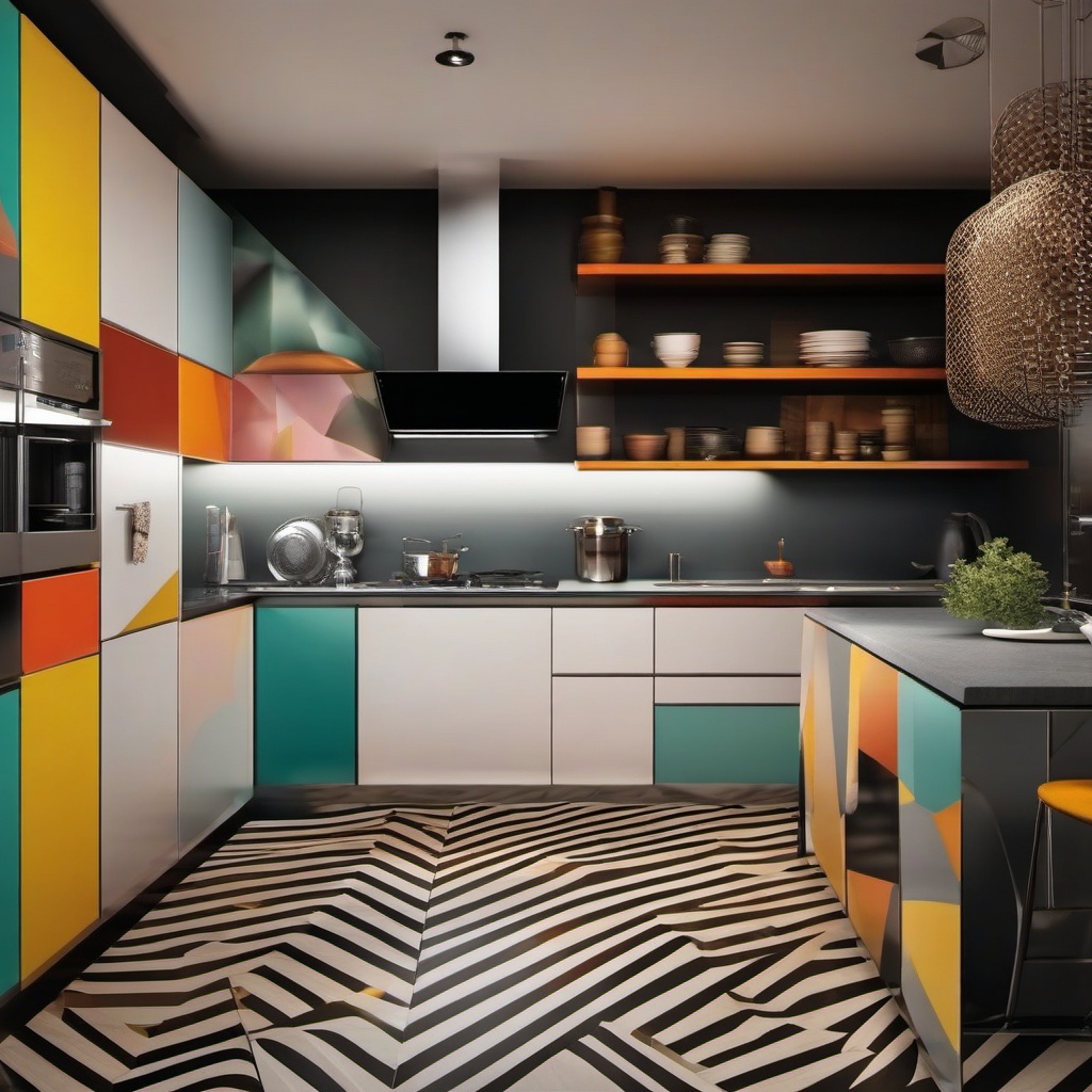 Geometric Modern Kitchen - Design a modern kitchen with geometric patterns and shapes. , kitchen layout design ideas, multicoloured, photo realistic, hyper detail, high resolution,