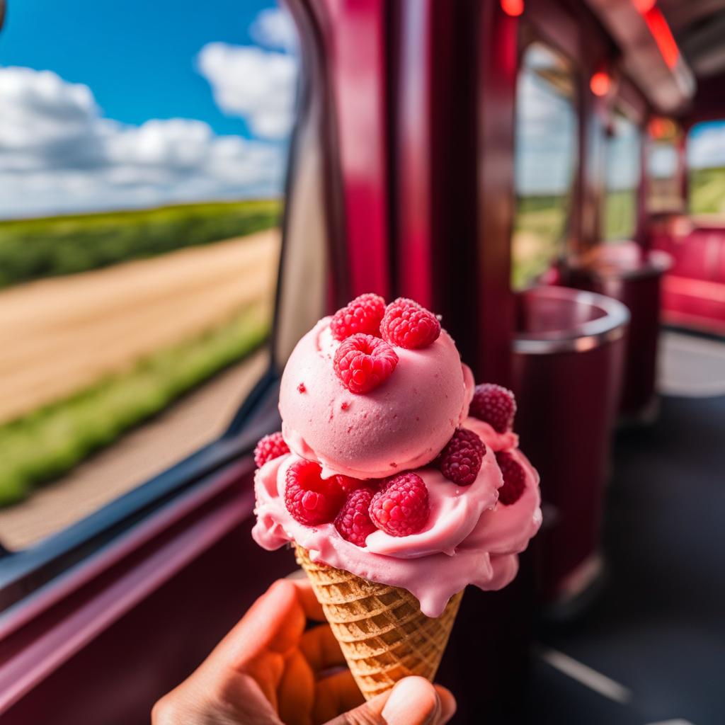 raspberry ripple ice cream scooped onto a cone during a scenic train ride in the countryside. 