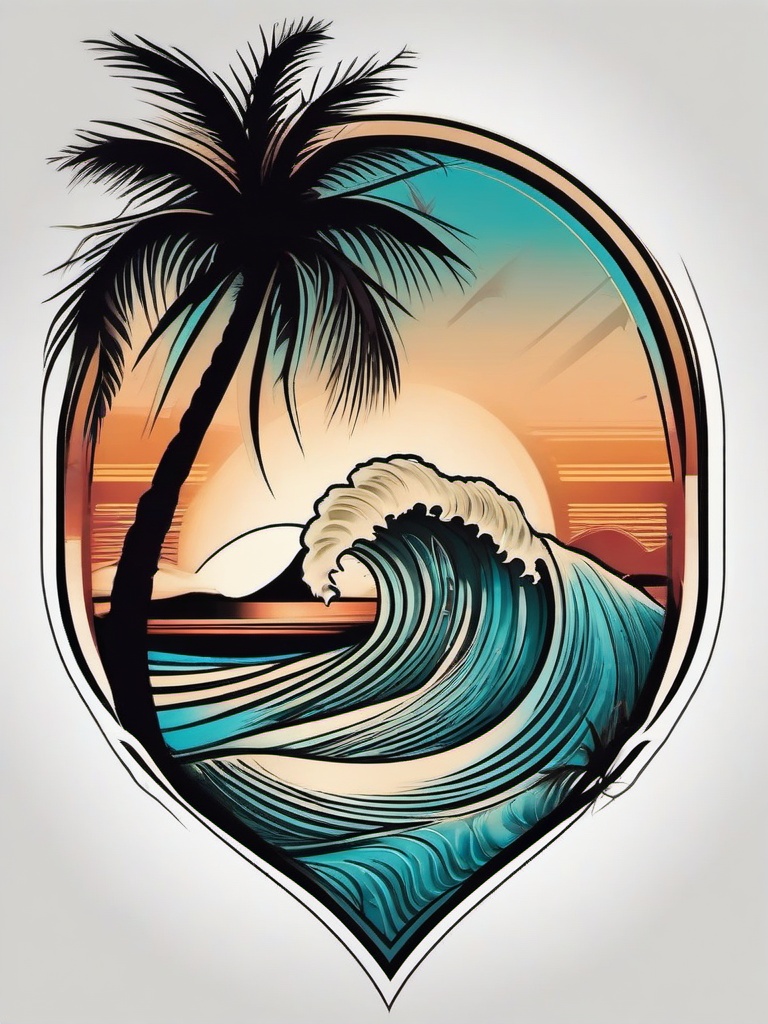 Palm Tree and Wave Tattoo - Blends palm tree and wave motifs, symbolizing a tropical and beach-inspired aesthetic.  simple tattoo design