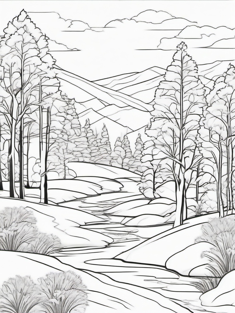 Frosty Winter Scene Coloring Pages - Snowy Landscape with Cheerful Vibes  minimal black outline printable sheet, coloring page