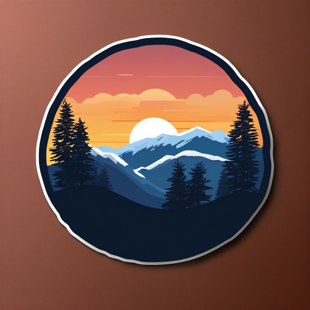 Sunset over snow-covered hills sticker- Winter warmth, , sticker vector art, minimalist design