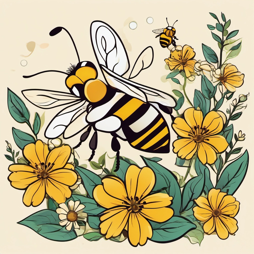 Bee clipart - Pollinator insect flying among flowers, ,color clipart vector style