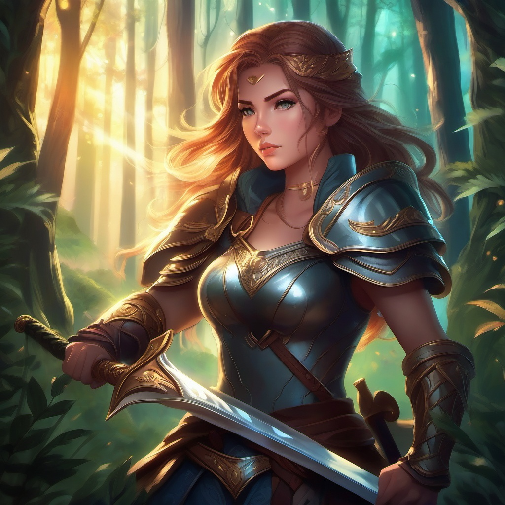 Warrior princess, wielding a gleaming sword, standing valiantly in a mystical forest, defending her realm from dark forces.  front facing ,centered portrait shot, cute anime color style, pfp, full face visible