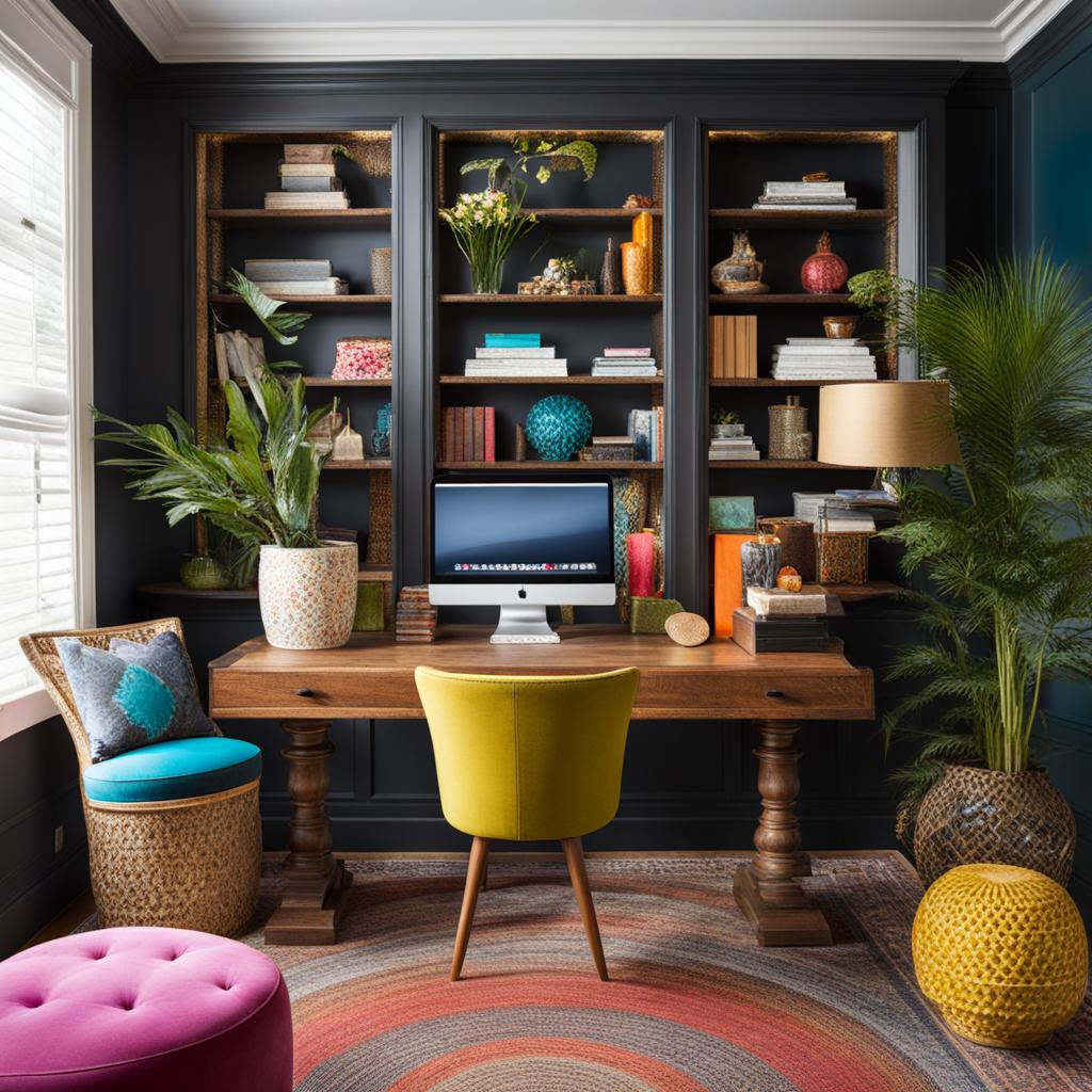 eclectic home office with a mix of patterns and colorful furnishings. 