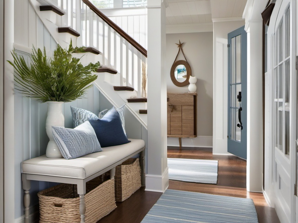 Coastal entryway features light blue accents, nautical decor, and natural light, bringing a relaxed beach vibe to the entry space.  