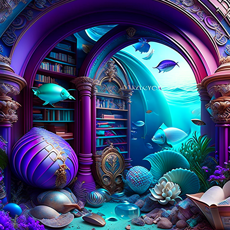 mermaid's library with seashell decor and underwater-themed books. 