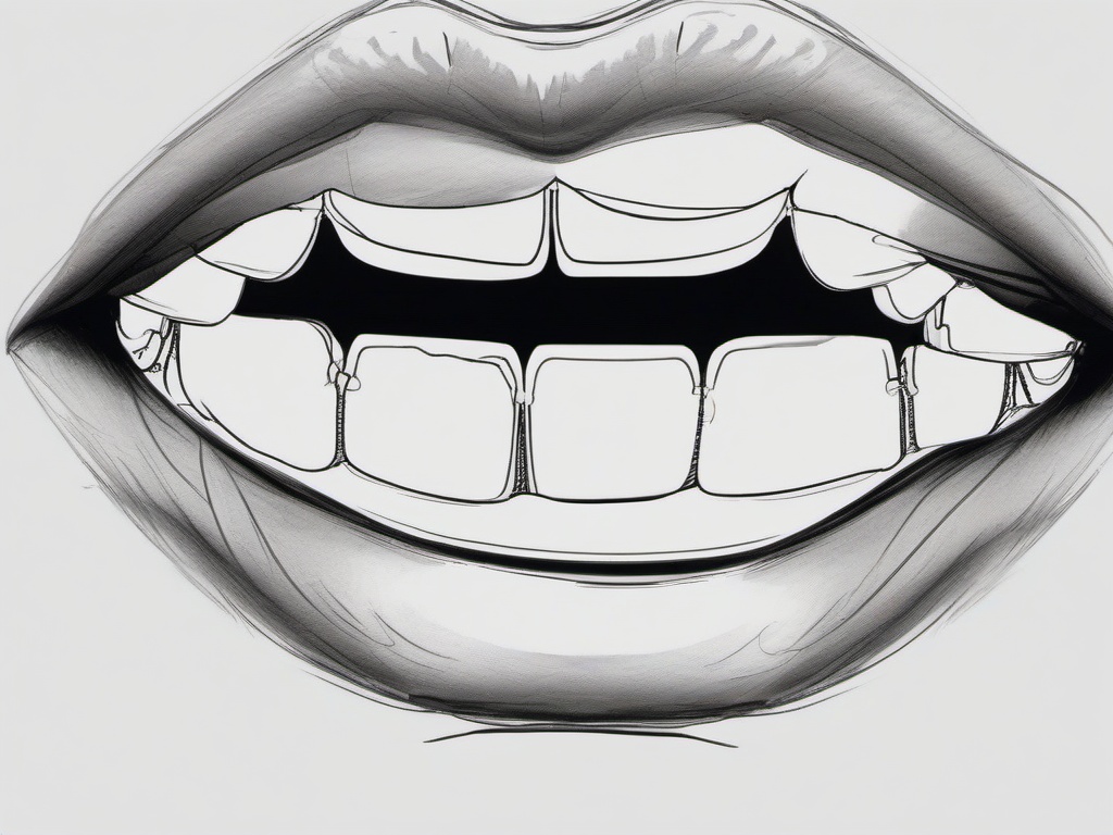 drawing of a mouth with braces  minimal rough sketch scribbles,doodles,black and white