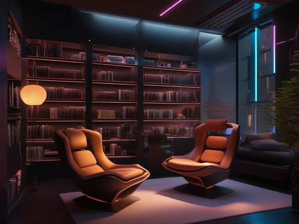 In the reading nook, cyberpunk interior design highlights a comfortable chair, futuristic decor, and plenty of ambient lighting, creating a perfect space for enjoying books and daydreaming.  