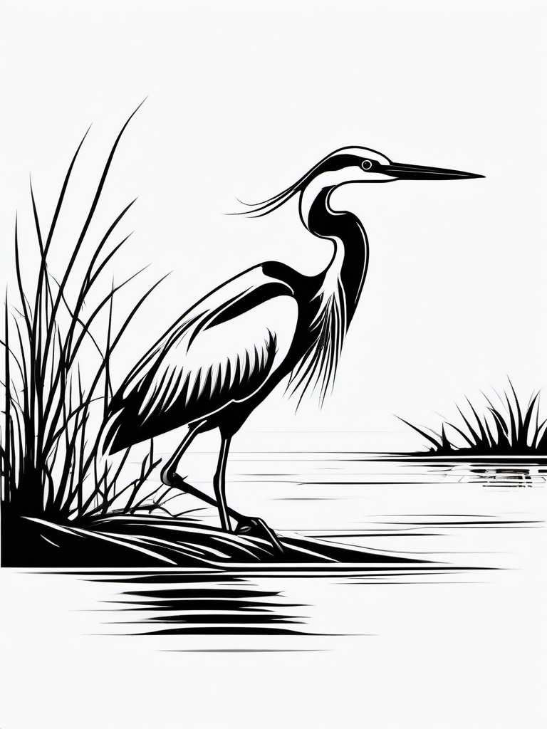 Heron Tattoo - Heron wading in a shallow marsh  few color tattoo design, simple line art, design clean white background