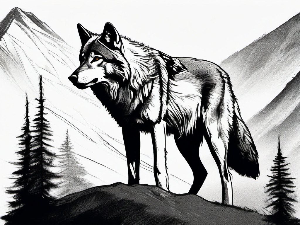 drawing of a wolf in mountains  minimal rough sketch scribbles,doodles,black and white