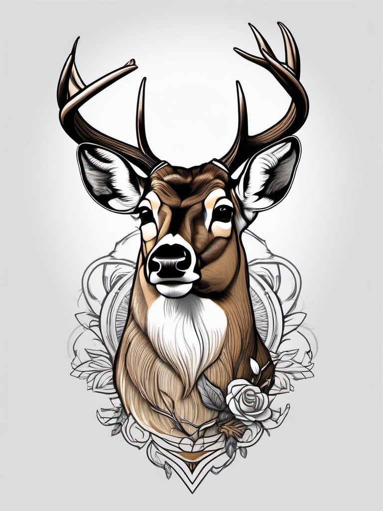 Whitetail Buck Portrait - Showcase the strength and dignity of a whitetail buck in a detailed portrait-style tattoo.  outline color tattoo,minimal,white background