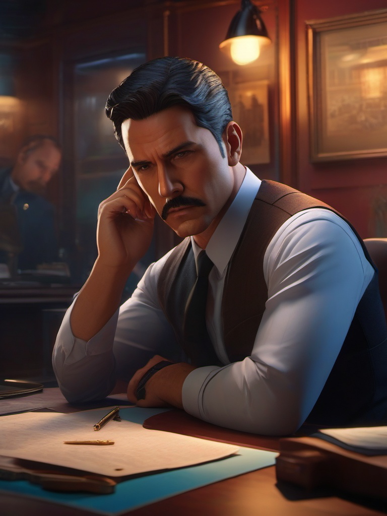 Detective with ability to hear thoughts solves complex murder case. hyperrealistic, intricately detailed, color depth,splash art, concept art, mid shot, sharp focus, dramatic, 2/3 face angle, side light, colorful background